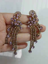 Vintage Juliana D&E Pink Lavander Rhinestone Dangle Drop Clip On Earrings