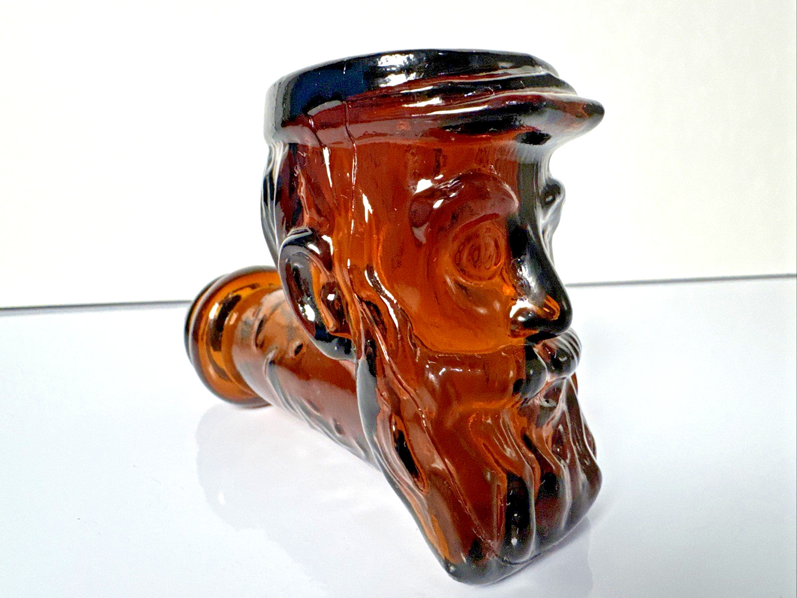 Vintage 1972 Avon Amber Glass Bearded Man Head Figural Bottle w/ Cap 5.5"