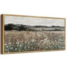 Vintage Landscape Framed Wall Art Farmhouse 16"L x 8"W Meadow Flowers Brown