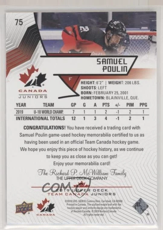 2019 Upper Deck Team Canada Juniors Jersey Samuel Poulin #75 - Image 2 of 2