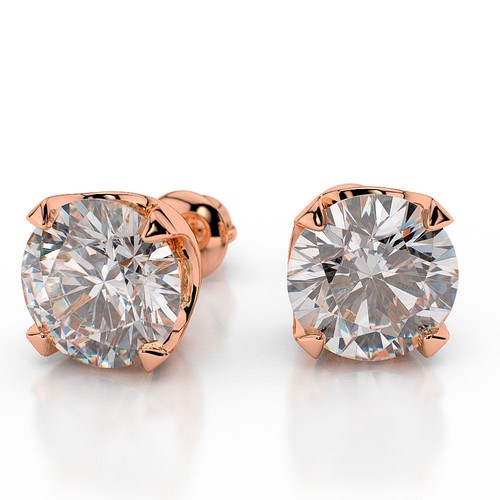 Boucles D'oreilles Clous En Or Rose 14K (585) Avec Diamants - 1 Carat Total - Formes Ronde Et Marquise