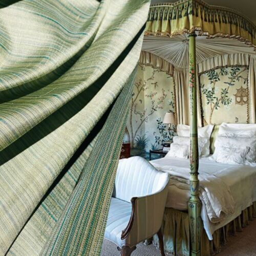 Bridgette 100% Silk Dupioni Fabric with Micro Stripes- Green - Picture 1 of 6