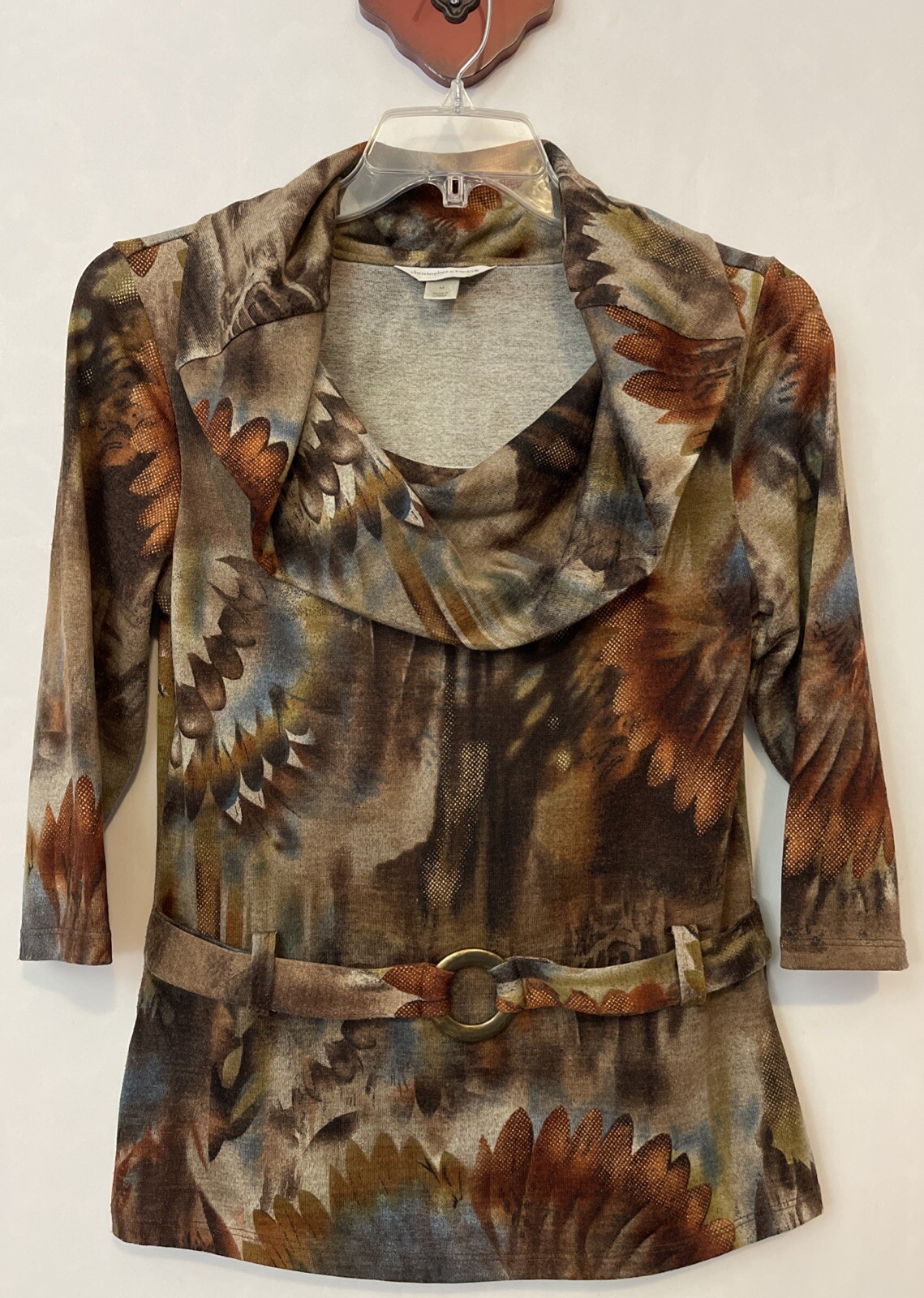 Christopher Banks Womens Medium Brown Floral Belted Mock Neck Blouse A6688  