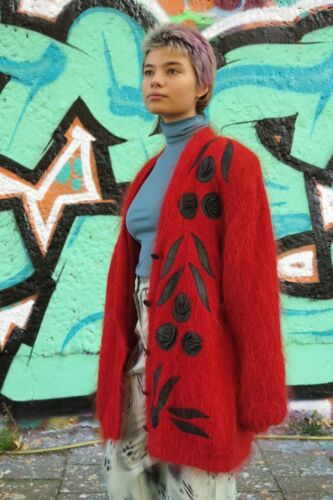 Long Cardigan Red Wool applications cuir années 80 Truevintage années 80 - Photo 1 sur 10