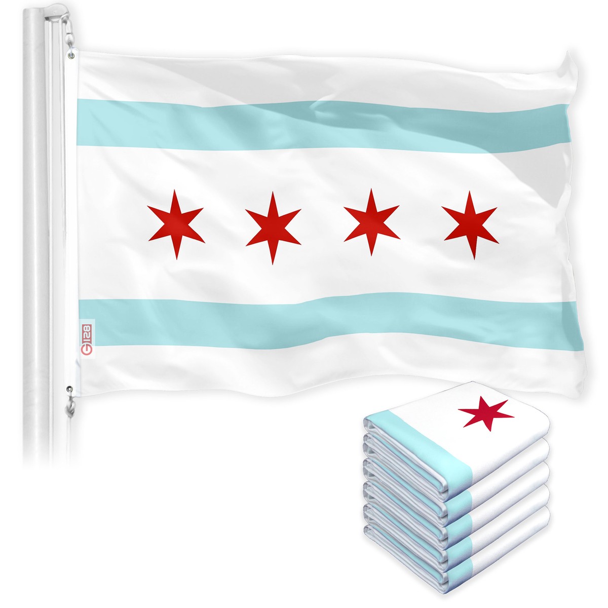 NEW G128 Chicago Flag 5-Pack 3x5 FT, City Printed 150D Polyester