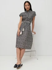 Marella Womens Black White Geometric Print Belted Fit & Flare Dress sz 10