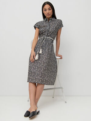 Marella Womens Black White Geometric Print Belted Fit & Flare Dress sz 10