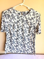 Vintage Blair Womens Yellow Gray Floral Short Sleeve Polyester Top Size Small