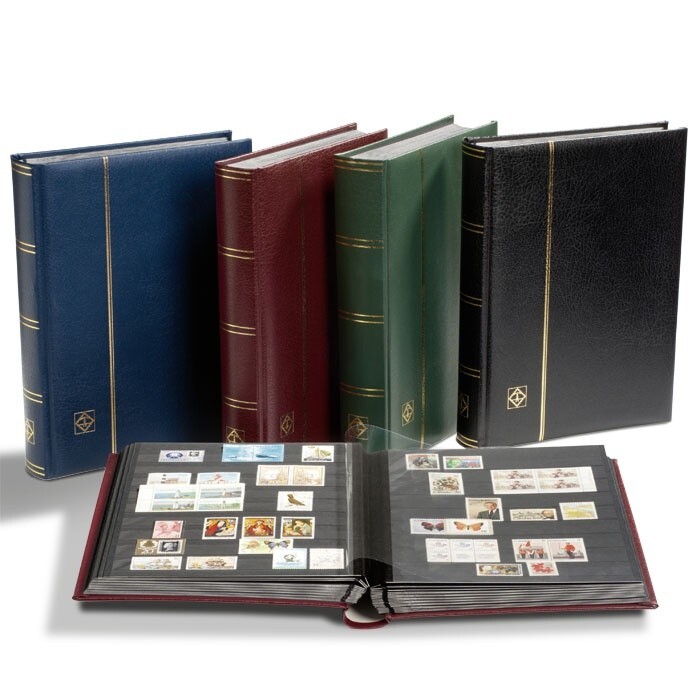 SAFE Album Timbres Grand Format – 32 Pages Noires, 9 Bandes Transparentes, Couverture Aspect Cuir Dorée – Rouge, Bleu, Noir Ou Vert