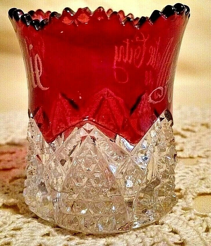 EAPG Ruby Flash Stain Souvenir Toothpick Holder Glass Atlantic City 1898 Red - Image 4 of 4