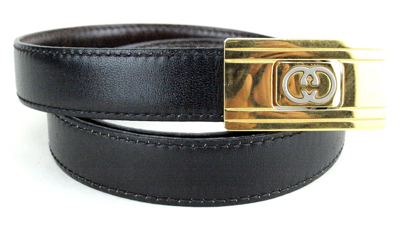 Boucle taille laiton GUCCI GG ceinture cuir noir accessoires femmes 74 cm Italie