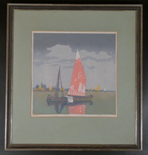 Farbholzschnitt Carl Thiemann 1881-1966 Dachau Segelboot 25x25 cm