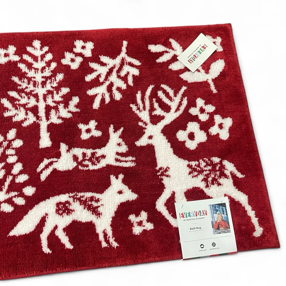 "Juego de alfombras de baño de renos de Navidad Martha Stewart 2 piezas rojas 20x32"" decoración navideña" Foto 4 de 4
