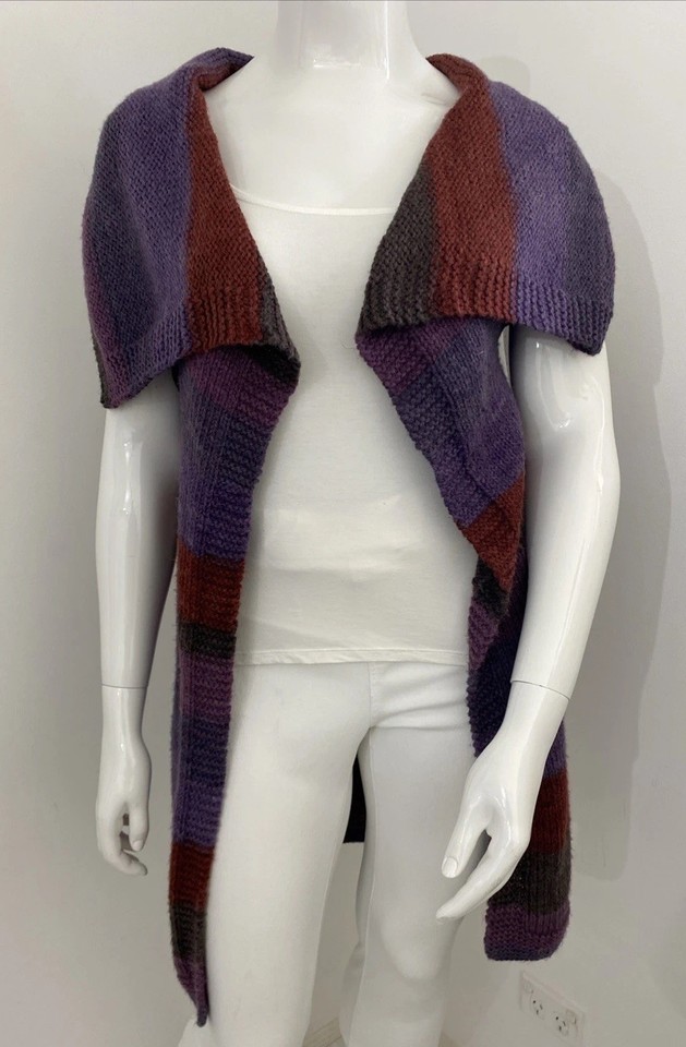 Hand Knitted 8-10 XS - S Purple Red Brown Stripe Acrylic Long Open Sweater Vest