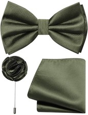 Solid Color Bow Tie Set Silk Woven Pre-tied Bowtie and Pocket Olive Green