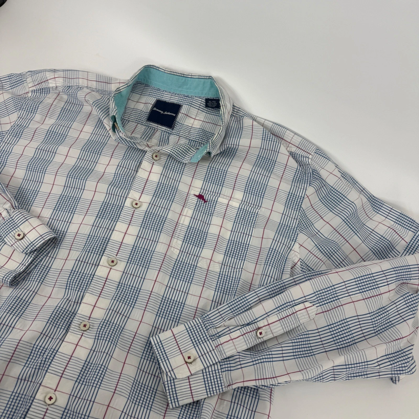 Tommy Bahama Mens XL Pima Cotton Plaid Long Sleeve Button Front Shirt Blue White