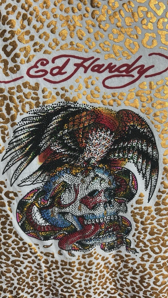 Ed Hardy 复古 Y2K 金属豹水钻衬衫连衣裙 尺寸 M 二手状况完好 — 第 2/4 张图片