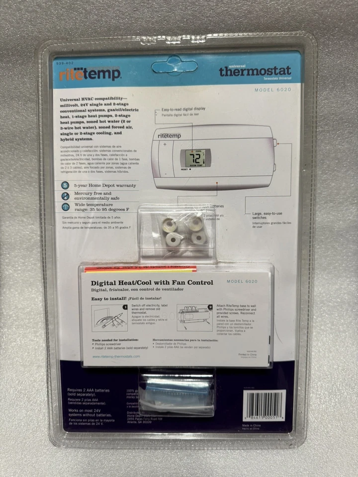 NEW Rite Temp Universal Thermostat Digital Heat/Cool Fan Control Model 6020 - Image 2 of 4