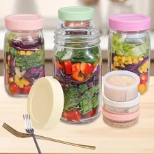 4 Pack Glass Salad Jars with Lids Meal Prep Leak proof Container  4 Color Lids