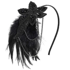 BABEYOND 1920s Flapper Headband Feather Beaded Headpiece Roaring 20s Black 