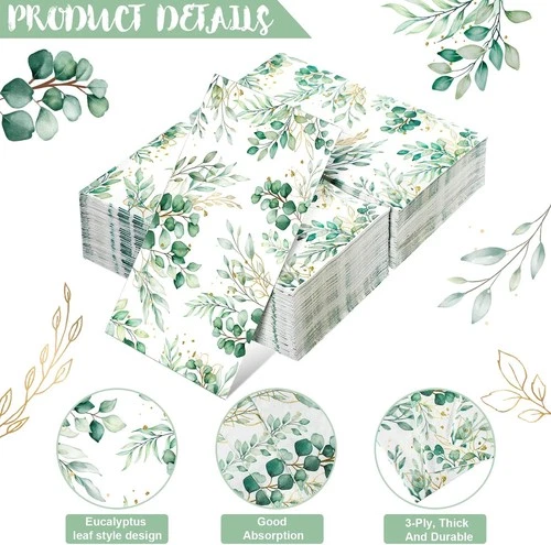 100 Pcs Eucalyptus Napkins 3 Ply Disposable Eucalyptus Leaf Paper Green Leaves - Picture 3 of 4