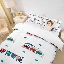 Cartoon Car Bedding Set Train Duvet Cover Set Twin Size Boys Girls Colorful C...