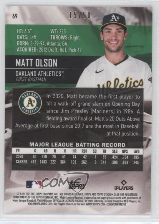 2021 Topps Stadium Club Chrome Gold Refractor /50 Matt Olson #69 - Image 2 of 2