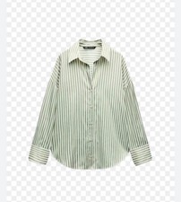 Zara Basic Poplin Shirt - Green Stripes - Women's Size S - 3057/831/390