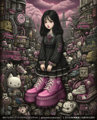 Gothic Doll Girl Among Crowded Toys and Pink Platforms Print - 635718983