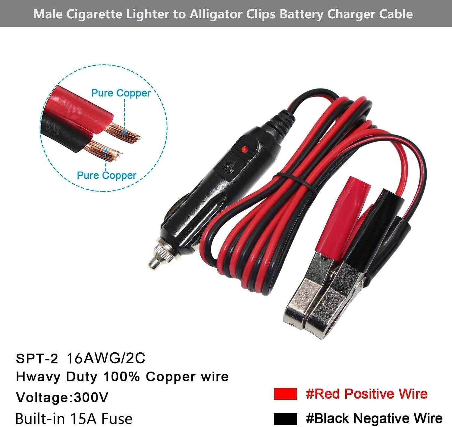 Alligator Clamp to Male Cigarette Lighter Extension Cable - 12V-24V Jumper Batte