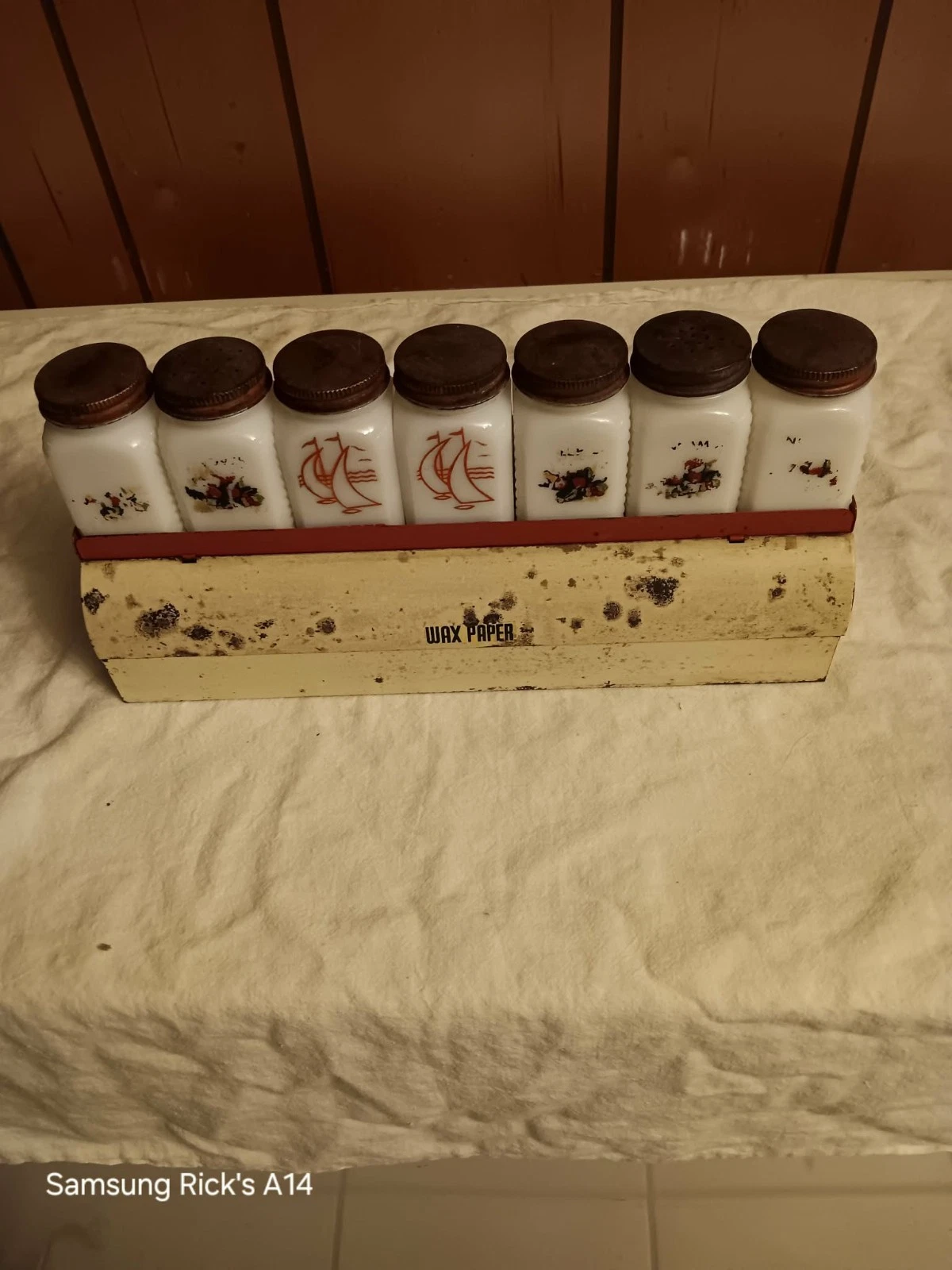 VTG mell hoffmann Milk Glass Spice Rack w 7 Jars Red & cream Art Deco Wall Rack