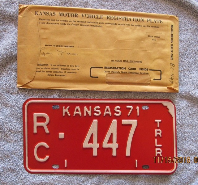 NOS 1971 Rice County Kansas Trailer License Plate RC447 ManCave