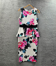 Boohoo Womens Bodycon Dress Size 12 White Black Pink Floral Stretch Knit Peplum