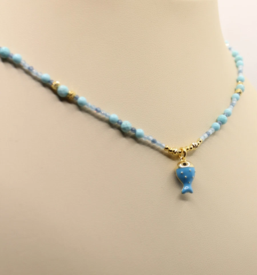 COLLANA ARGENTO DONNA TURCHESE SPINELLO EMATITE PESCIOLINIO SMALTATO CM 40-45 - Immagine 2 di 4