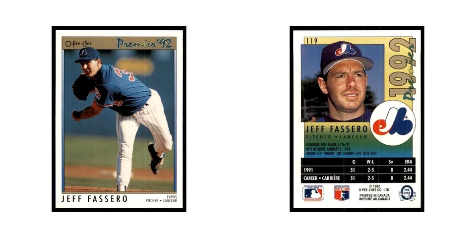 1992 O-Pee-Chee Premier Jeff Fassero Montreal Expos #119 - Image 3 of 3