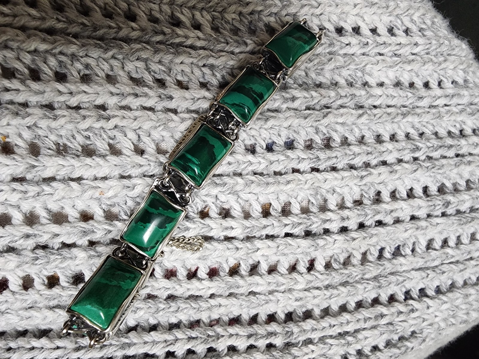 Sterling Silver Rectangular Green Malachite Chain… - image 3