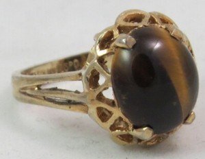 Authentic Ring Vintage Gold Plated Silver Ring with Oval Tiger's Eye Cabochond Size 5.5