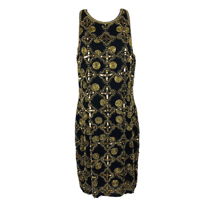 Elegant Vintage Black Silk Evening Dress Size 10 Cocktail Gold Sequin Beaded
