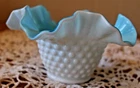 Ruffled Blue White Glass Hobnail Bowl Candle Trinket Amazing Piece