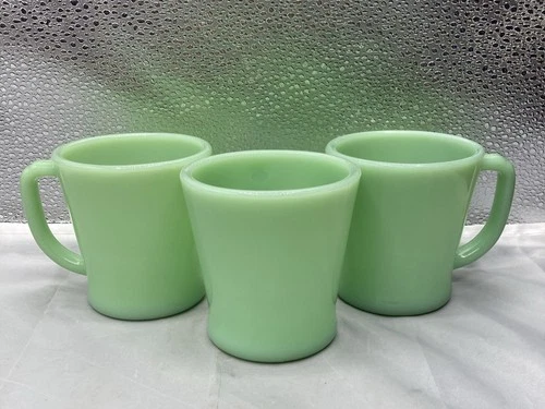 3 VTG Fire King Jadeite D Handle Oven Ware Coffee Cups Mugs USA NEW OLD STOCK