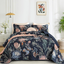 Quilt Queen Size Navy, 3 Pieces Boho Floral Bedspread Bedding for Queen Size Bed