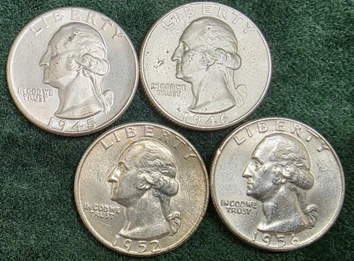 Lot of Four (4) 1940's & 1950's Washington Quarters, AU Condition, 90% Silver