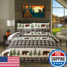Chesity Lodge Quilts Set King Size 3Pcs Rustic Cabin Brown Bear Bedding Green