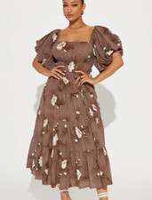 Fashion Nova Magnolia Tiered Midi Dress Brown Floral Puff Sleeve Size XL NWT