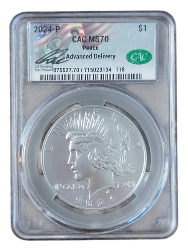 2024-P $1 CAC MS70 Peace Dollar Coin Advanced Delivery Signed Ron Drzewucki