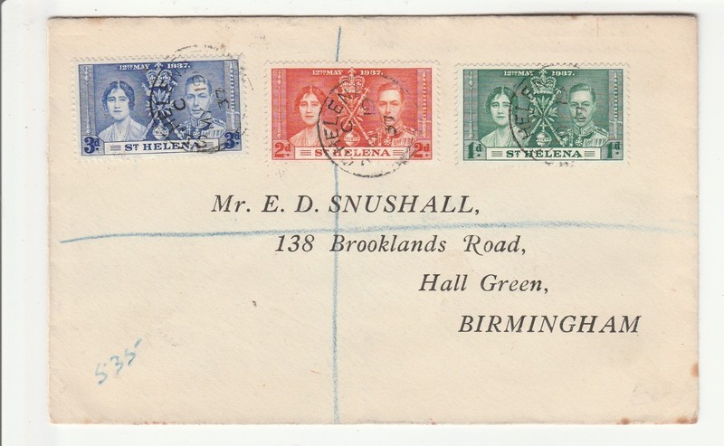 St. Helena 'FDC' Scott # 115-17 "MY 19 1937" To: Birmingham, U.K.