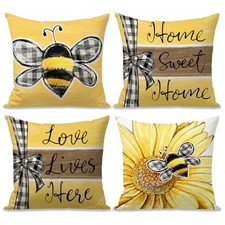 Summer Throw Pillow Covers 18x18 Inch Love Lives Here Sunflowers Bee Stripes