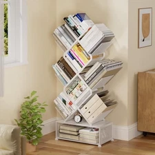 Metal 6 Tier Bookshelf, No Assembly Needed Foldable Bookcase with Storage White