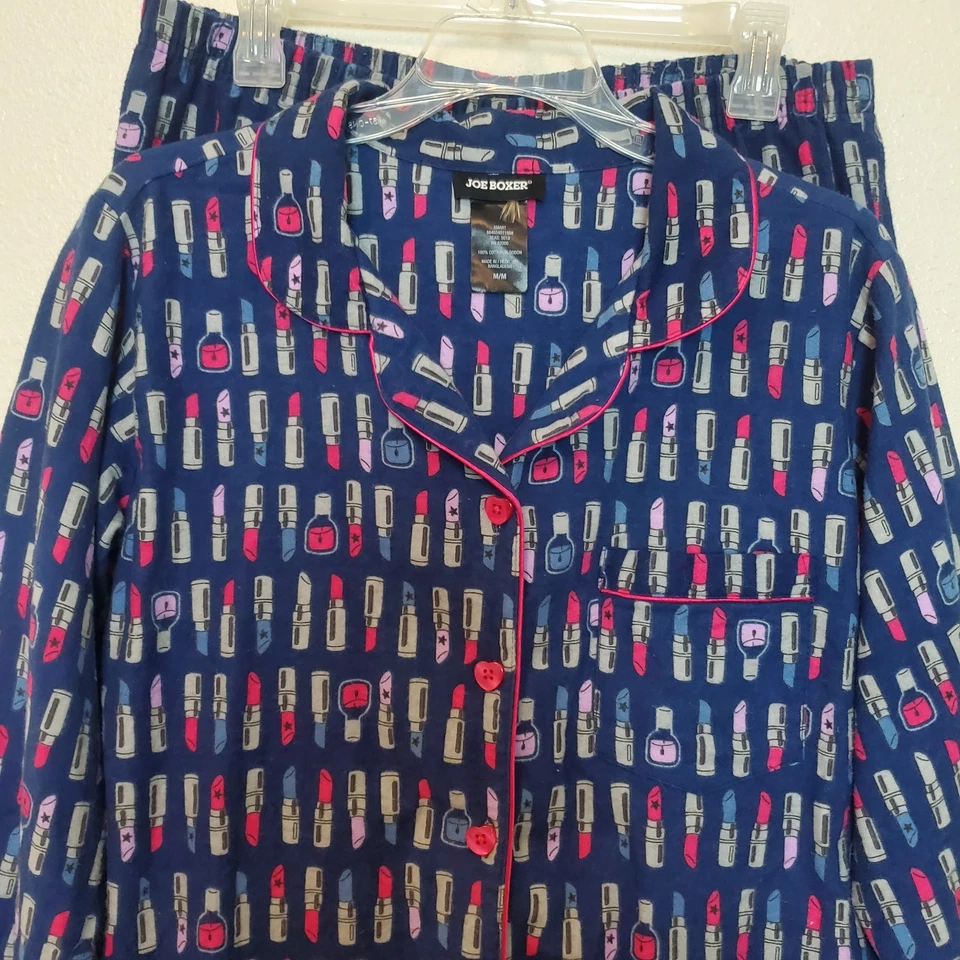 Joe Boxer Pajama Set Flannel Long Sleeves Print Lipstick All Over Womens Sz M - Image 2 of 4