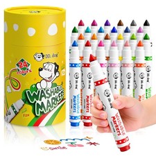 Washable Markers for Kids, 24 Vibrant Colors with Cone Tips Easy-Grip Barre...